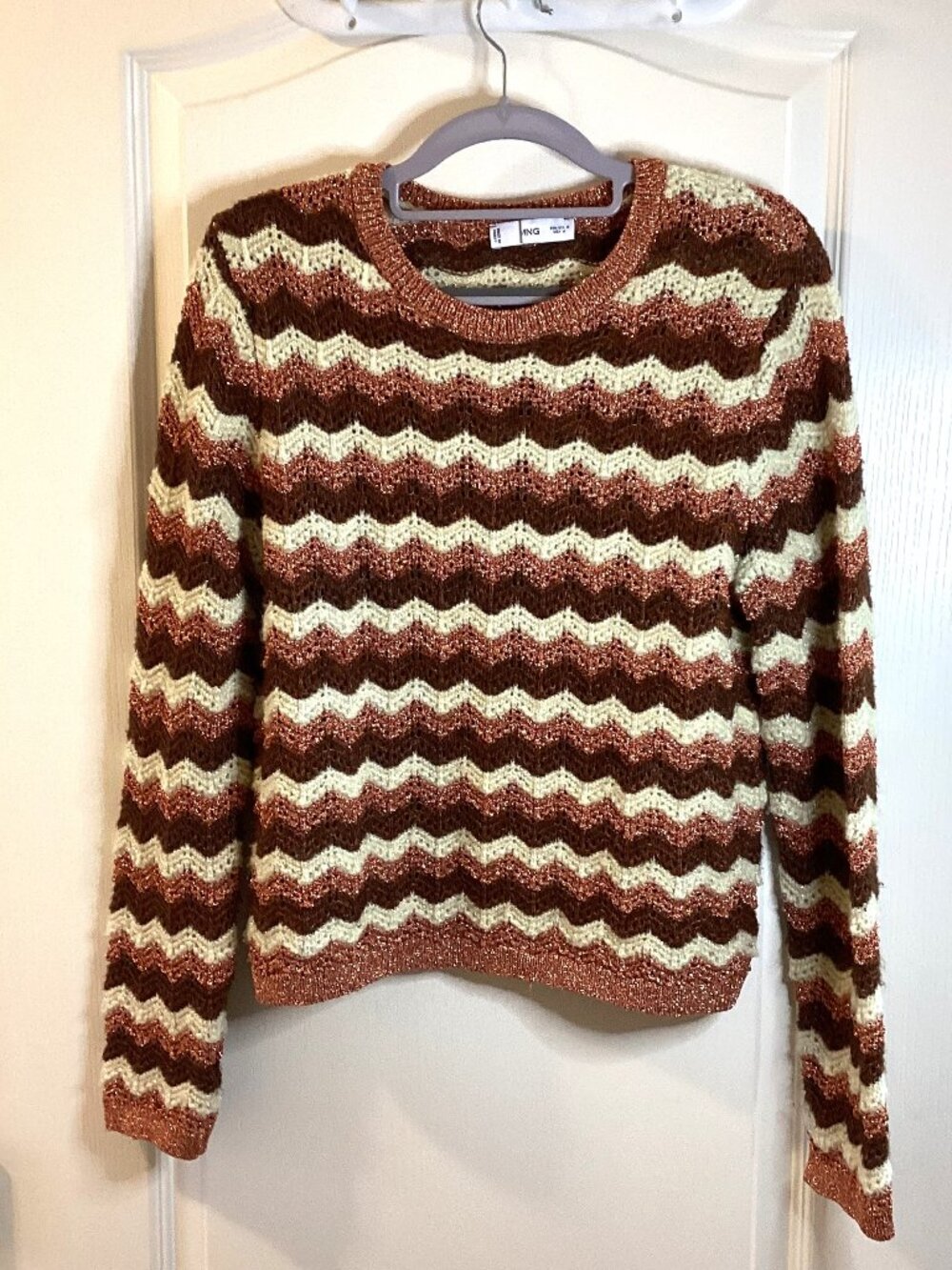 MANGO MNG Women's Brown Metallic Knitwear Zigzag Pattern Knit Sweater Size M
